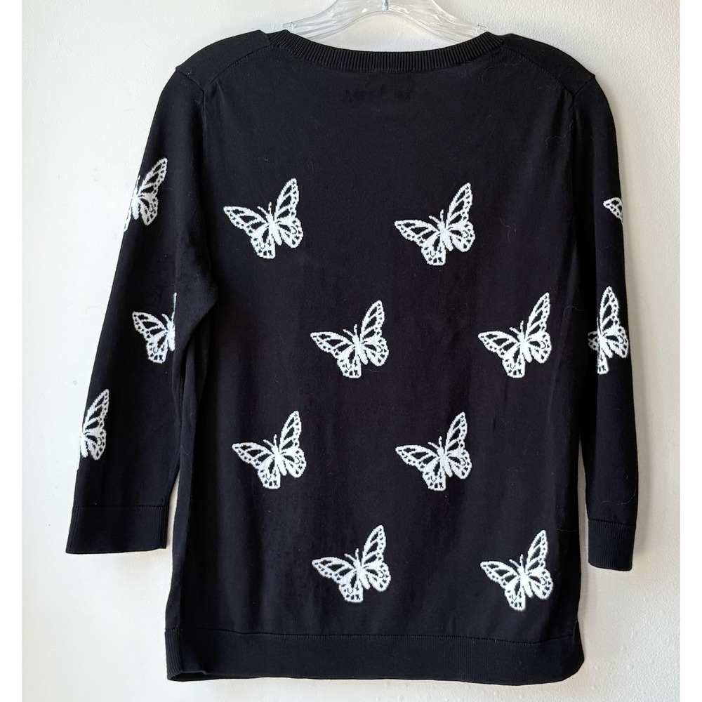 Talbots Crewneck Sweater MP Black White Butterflies Overall Print Spring Preppy - Picture 3 of 5